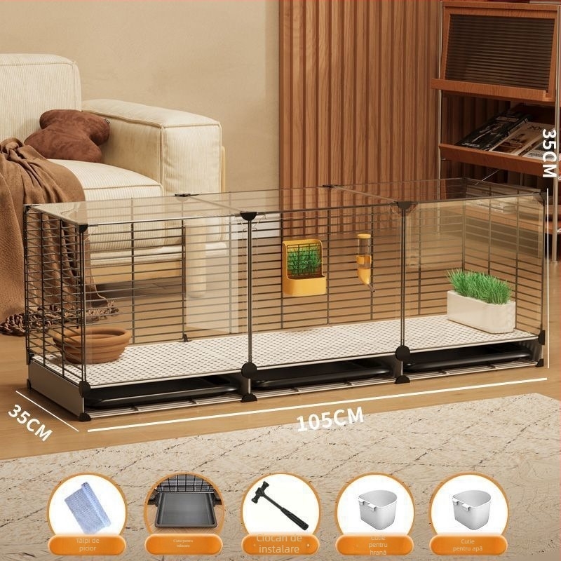 Cușcă de iepuri din lemn, interior transparent în stil vilă, cu curățare automată a excrementelor