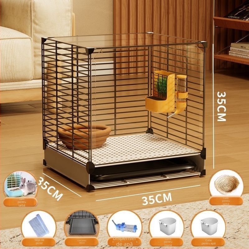 Cușcă de iepuri din lemn, interior transparent în stil vilă, cu curățare automată a excrementelor