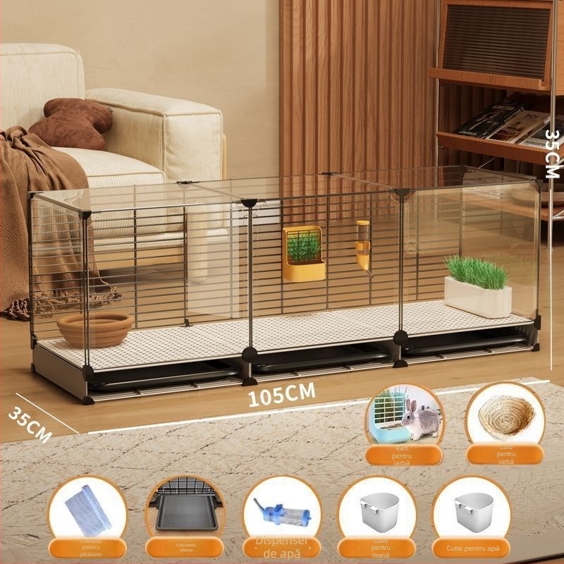 Cușcă de iepuri din lemn, interior transparent în stil vilă, cu curățare automată a excrementelor