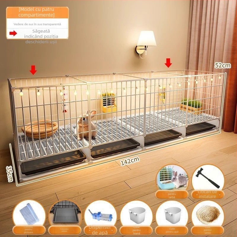 Cușcă de iepuri din lemn, interior transparent în stil vilă, cu curățare automată a excrementelor