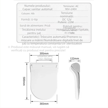 Capac de scaun WC încălzit, compatibil universal, pernă termostatică pentru șezut, model 907, placă PP, OEM