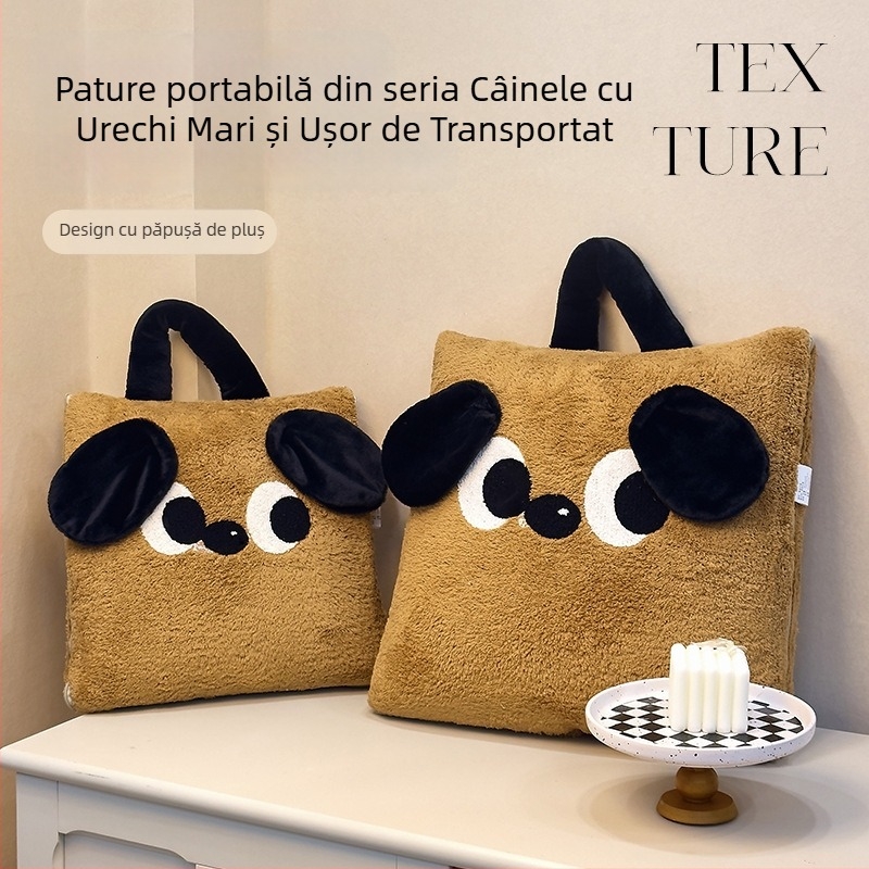 Panya Pernă–Pătură 2 în 1, exterior pluș, umplutură din fibre de pene, broderie cu model desen animat, stil cartoon