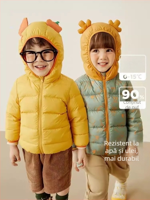 Geacă de copii din puf - unisex, umplutură din puf de gâscă alb, imprimeu cartoon, lungime scurtă, glugă nedetasabilă, pentru copii 1–3 ani