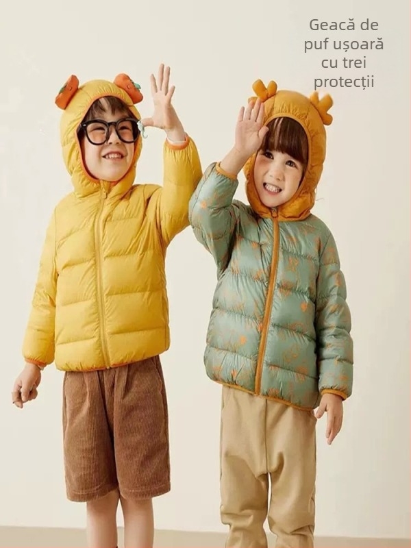 Geacă de copii din puf - unisex, umplutură din puf de gâscă alb, imprimeu cartoon, lungime scurtă, glugă nedetasabilă, pentru copii 1–3 ani