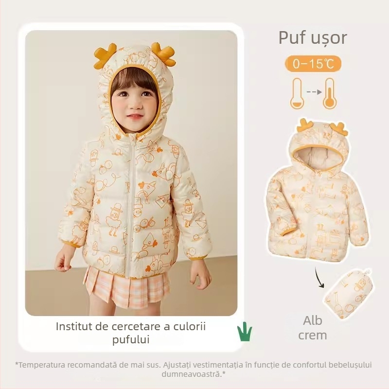 Geacă de copii din puf - unisex, umplutură din puf de gâscă alb, imprimeu cartoon, lungime scurtă, glugă nedetasabilă, pentru copii 1–3 ani