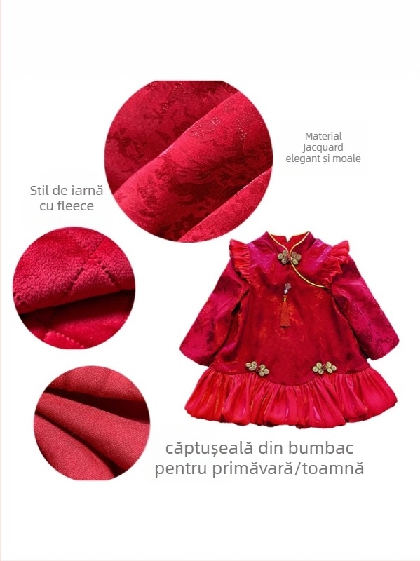 Rochie pentru fete în stil Cheongsam, mâneci lungi, țesătură poliester, căptușeală din bumbac, fustă tip Petticoat