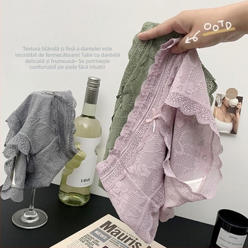 Chiloți din dantelă pentru femei, talie medie, respirabili și antibacterieni; material principal: dantelă (nylon); căptușală: viscose; model uni