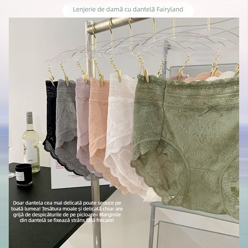 Chiloți din dantelă pentru femei, talie medie, respirabili și antibacterieni; material principal: dantelă (nylon); căptușală: viscose; model uni