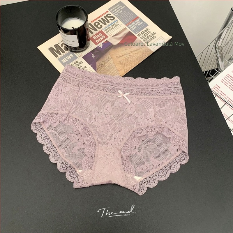 Chiloți din dantelă pentru femei, talie medie, respirabili și antibacterieni; material principal: dantelă (nylon); căptușală: viscose; model uni