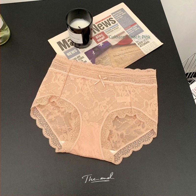 Chiloți din dantelă pentru femei, talie medie, respirabili și antibacterieni; material principal: dantelă (nylon); căptușală: viscose; model uni