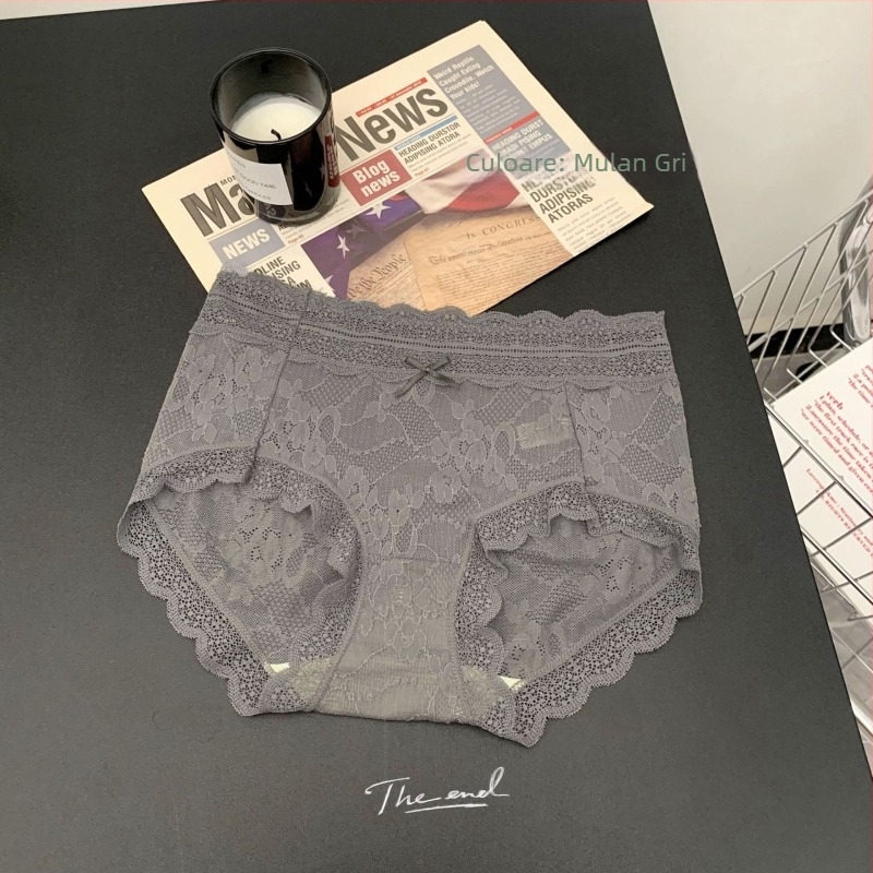 Chiloți din dantelă pentru femei, talie medie, respirabili și antibacterieni; material principal: dantelă (nylon); căptușală: viscose; model uni