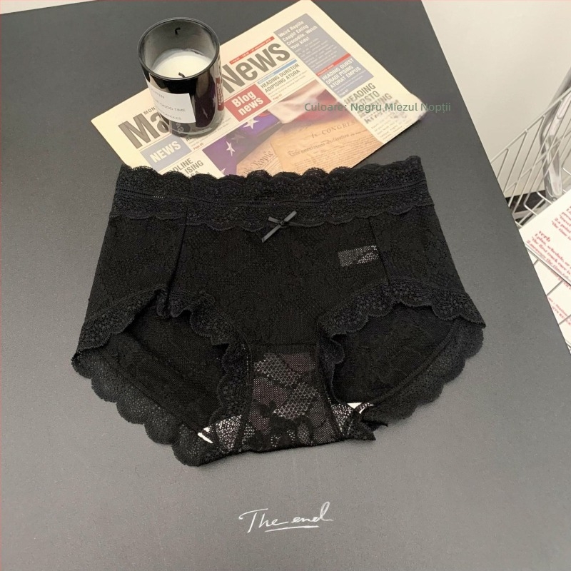 Chiloți din dantelă pentru femei, talie medie, respirabili și antibacterieni; material principal: dantelă (nylon); căptușală: viscose; model uni