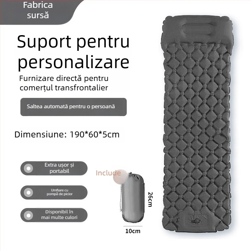 Saltea de camping gonflabilă, operată cu piciorul, din TPU, construcție în formă de diamant și pernă încorporată, pentru 1 persoană, 600 g