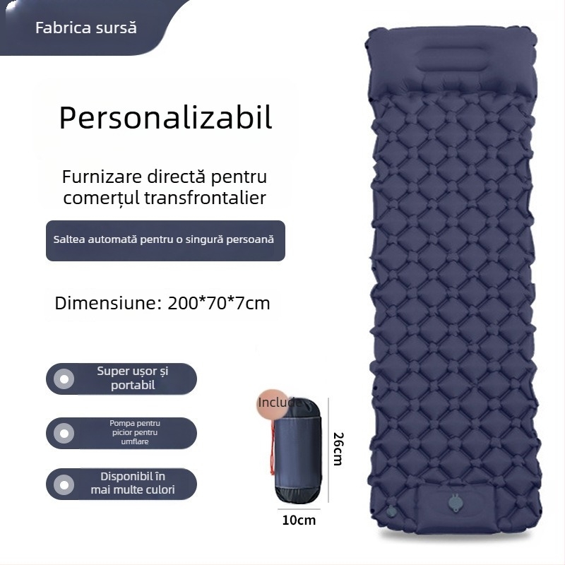 Saltea de camping gonflabilă, operată cu piciorul, din TPU, construcție în formă de diamant și pernă încorporată, pentru 1 persoană, 600 g