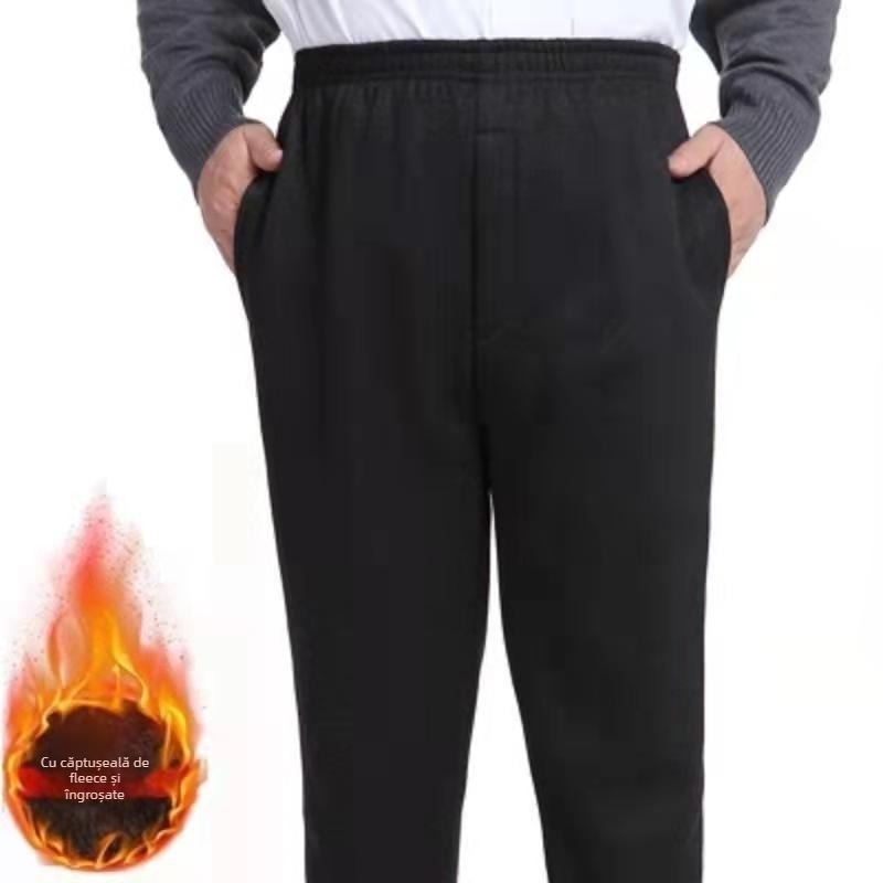 Pantaloni bărbați din bumbac tricotat, căptuți cu fleece, croială dreptă, talie înaltă, închidere cu șnur, pentru bărbați de vârstă mijlocie