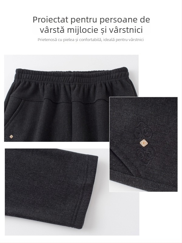 Pantaloni casual largi pentru femei vârstnice, croi drept, calzi cu căptușeală fleece, lungi, de iarnă, amestec poliester-viscoză (70–80% poliester, până la 30% viscoză)