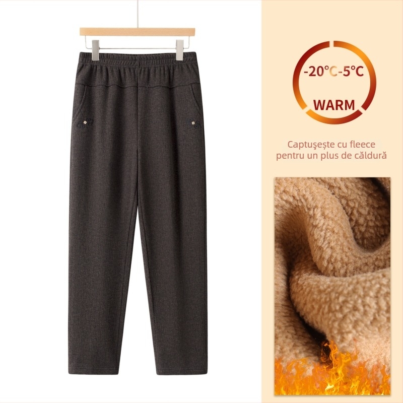 Pantaloni casual largi pentru femei vârstnice, croi drept, calzi cu căptușeală fleece, lungi, de iarnă, amestec poliester-viscoză (70–80% poliester, până la 30% viscoză)
