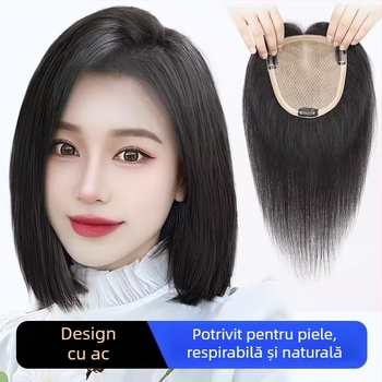 Top hairpiece pentru femei – păr uman real, țesut manual, acoperire pufoasă naturală, poate fi vopsit și permat.