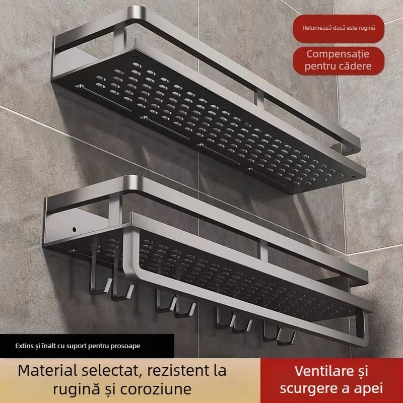 Raft de depozitare pentru baie, montat pe perete, fără găuri, din oțel inoxidabil 304, un singur etaj, finisaj spray plastic