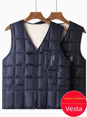 Vesta de bărbați cu căptușeală fleece, umplutură de bumbac, exterior poliester, croială lejeră, pentru bărbați de vârstă mijlocie și vârstnici