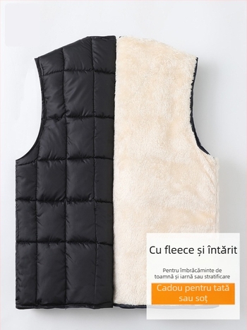 Vesta de bărbați cu căptușeală fleece, umplutură de bumbac, exterior poliester, croială lejeră, pentru bărbați de vârstă mijlocie și vârstnici