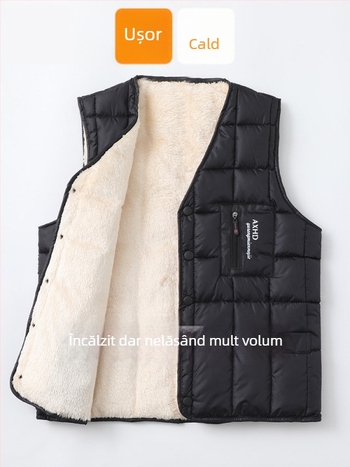 Vesta de bărbați cu căptușeală fleece, umplutură de bumbac, exterior poliester, croială lejeră, pentru bărbați de vârstă mijlocie și vârstnici