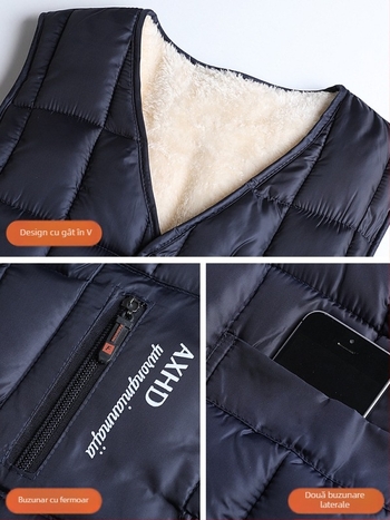 Vesta de bărbați cu căptușeală fleece, umplutură de bumbac, exterior poliester, croială lejeră, pentru bărbați de vârstă mijlocie și vârstnici