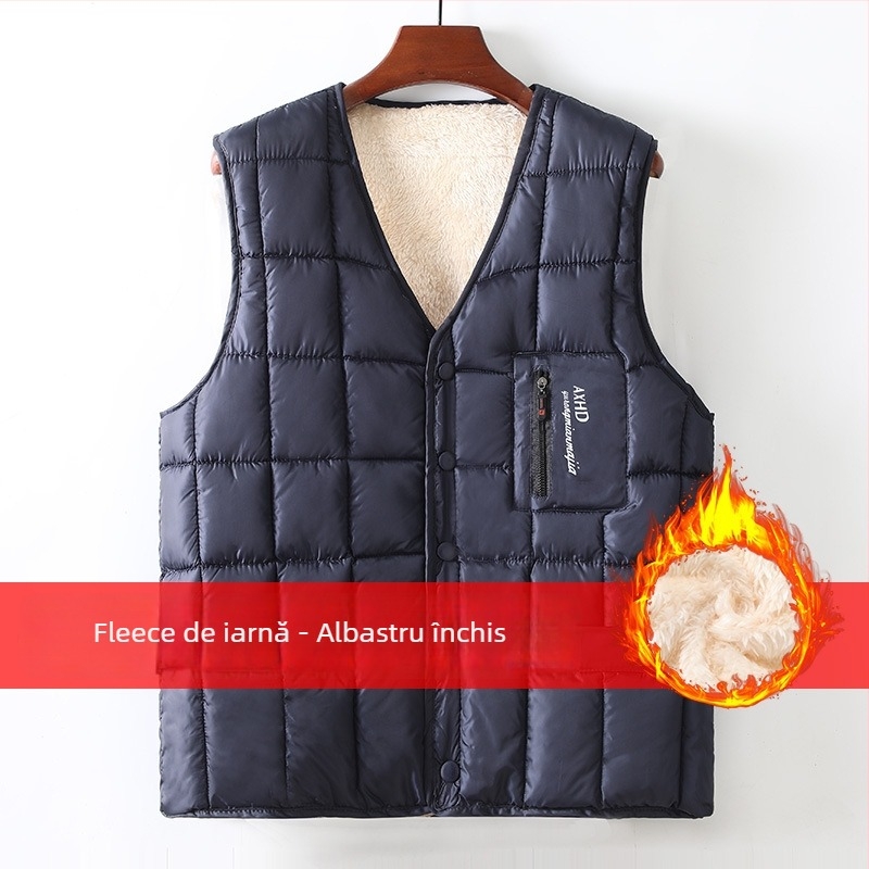 Vesta de bărbați cu căptușeală fleece, umplutură de bumbac, exterior poliester, croială lejeră, pentru bărbați de vârstă mijlocie și vârstnici