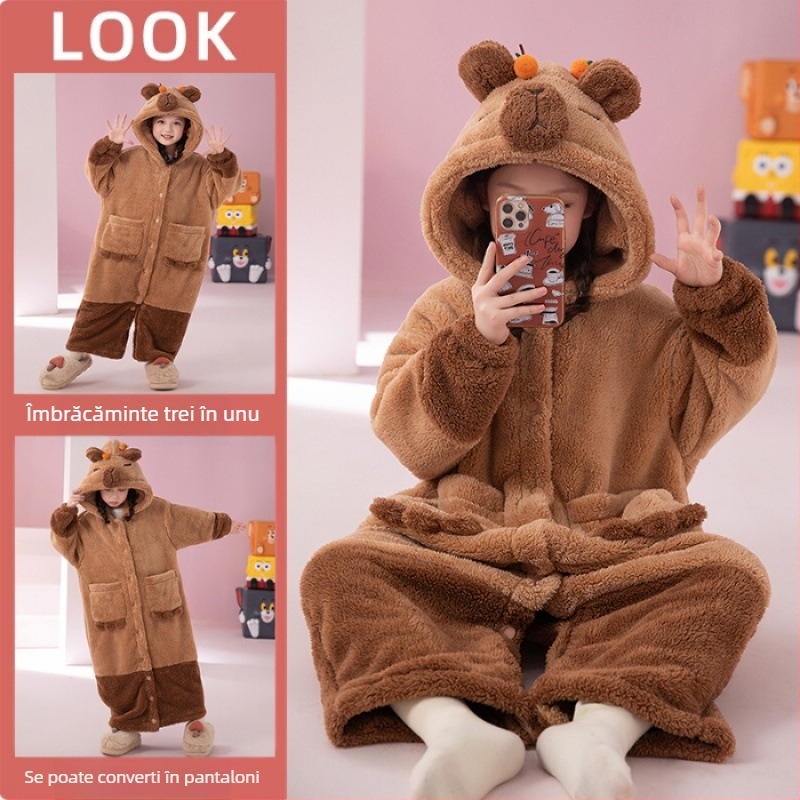 Set de pijamale cu glugă din fleece coral pentru copii – model Cartoon, stil coreean, iarnă, material gros, 100% poliester
