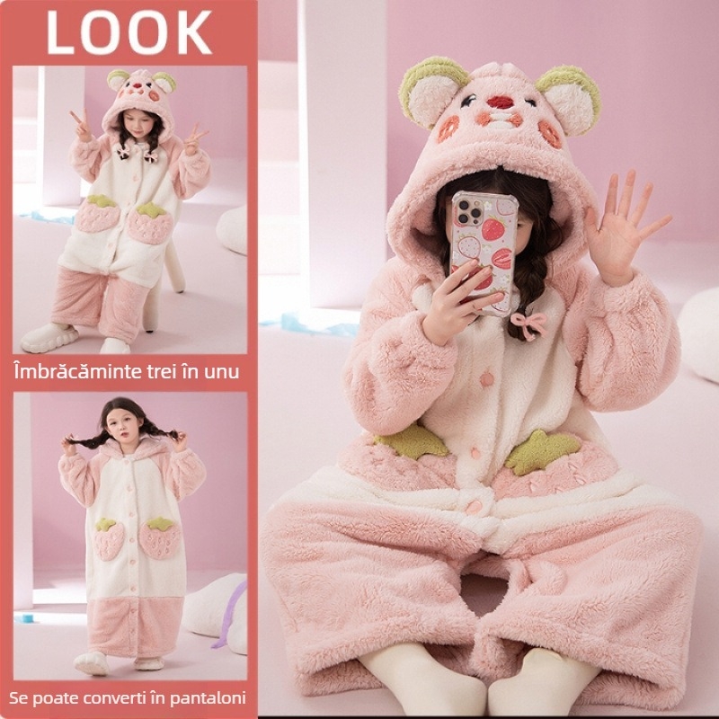 Set de pijamale cu glugă din fleece coral pentru copii – model Cartoon, stil coreean, iarnă, material gros, 100% poliester