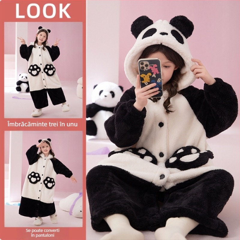 Set de pijamale cu glugă din fleece coral pentru copii – model Cartoon, stil coreean, iarnă, material gros, 100% poliester