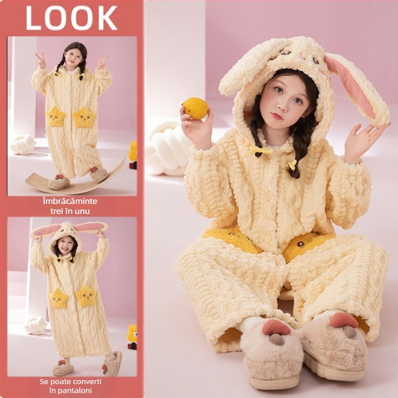 Set de pijamale cu glugă din fleece coral pentru copii – model Cartoon, stil coreean, iarnă, material gros, 100% poliester