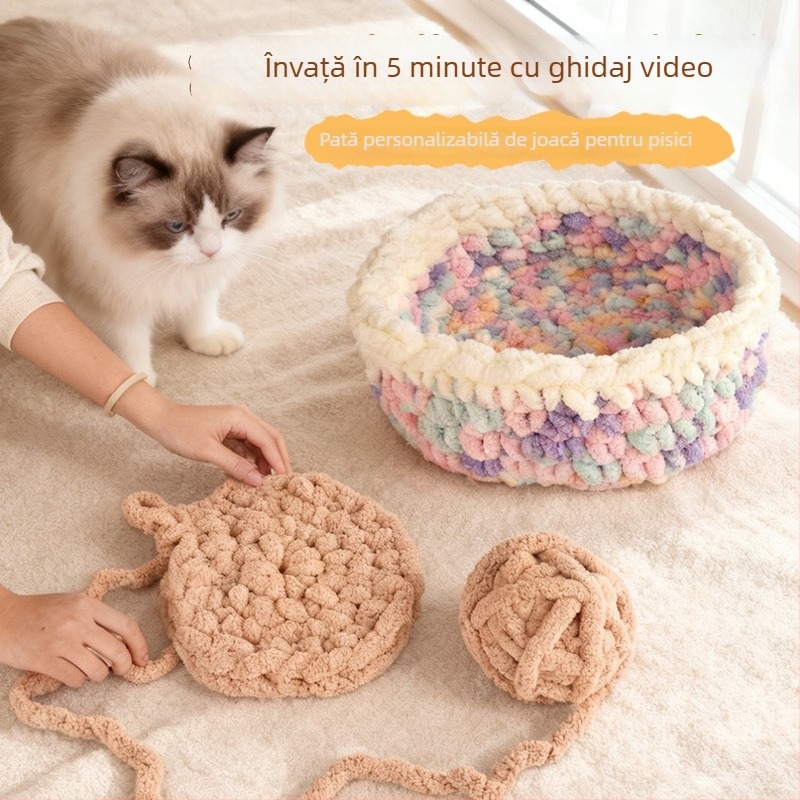 Cuib circular pentru animale din lână, semiînchis, respirabil, pentru interior, potrivit pentru pisici și câini