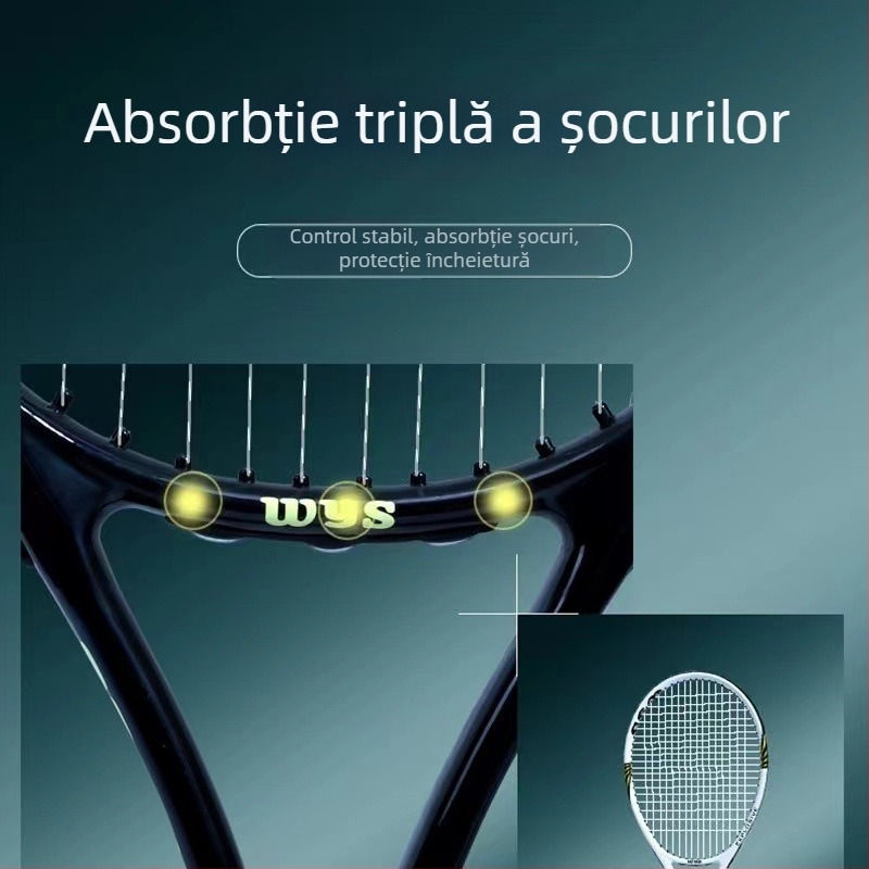 Rachetă de tenis din fibră de carbon – ușoară 75–79 g, corzi de nailon, mâner G3, potrivită pentru jucători juniori amatori