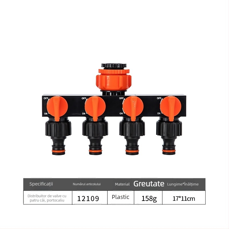Distribuitor de apă cu patru căi, cu întrerupător și cuplare rapidă, intrare 1, ieșire 4, pentru irigații