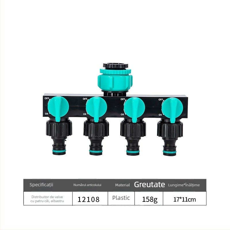 Distribuitor de apă cu patru căi, cu întrerupător și cuplare rapidă, intrare 1, ieșire 4, pentru irigații