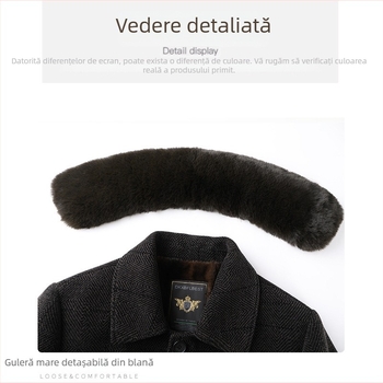 Palton bărbătesc cu căptușeală de fleece, lungime medie, guler din blană, cu glugă