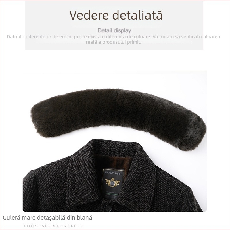 Palton bărbătesc cu căptușeală de fleece, lungime medie, guler din blană, cu glugă