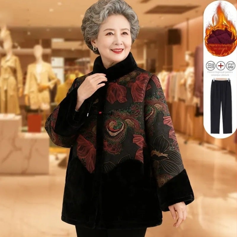 Palton din bumbac cu căptușeală, guler de blană, lungime lungă, mâneci extra-lungi, țesătură mătase-bumbac