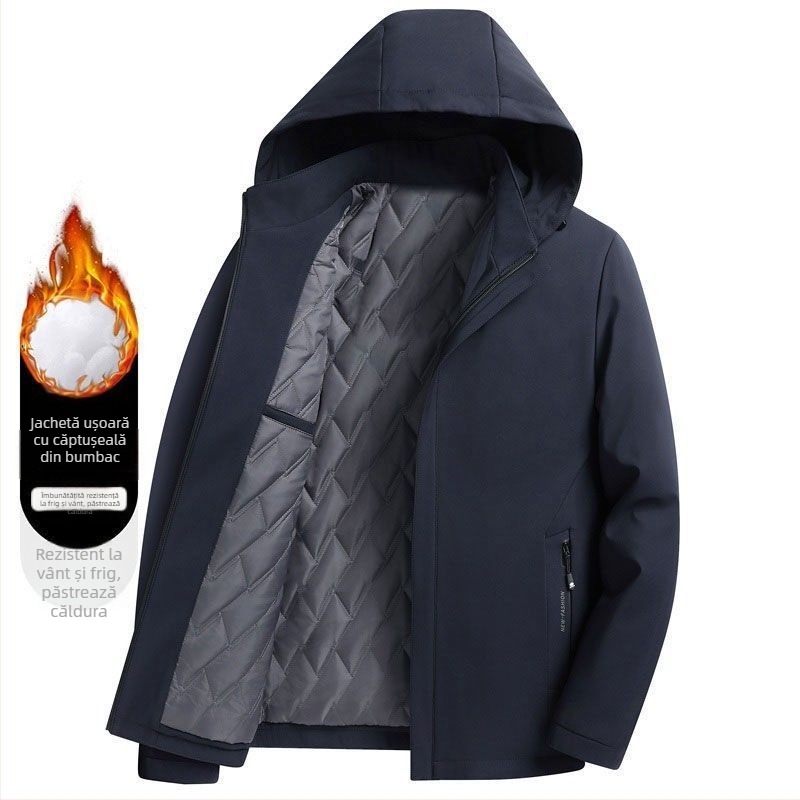 Palton din bumbac cu umplutură pentru bărbați, cu glugă, lungime medie, stil coreean (Stil: coreean; Umplutură: bumbac; Grosime: Îngroșată; Glugă: Da; Închidere: nasturi pe un rând)