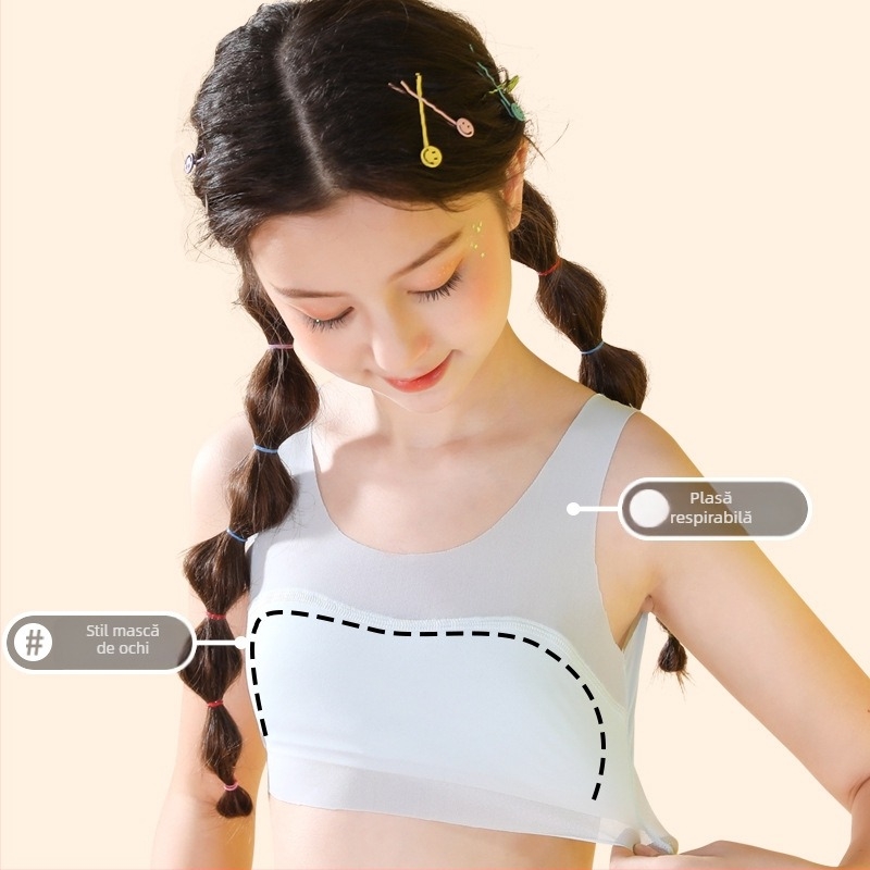 Sutien de antrenament pentru fetițe 9–13 ani, din nylon cu căptușeală din spandex, cupă completă, cupă modelată ultra-subțire, bretele fixe duble, respirabil și confortabil.