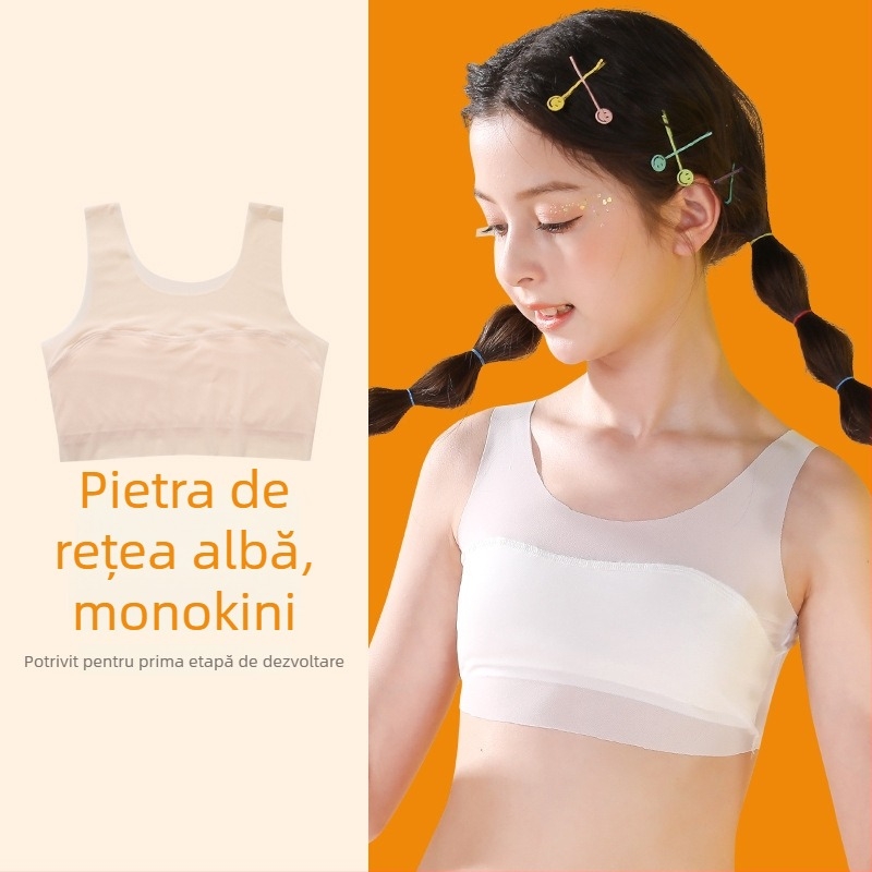 Sutien de antrenament pentru fetițe 9–13 ani, din nylon cu căptușeală din spandex, cupă completă, cupă modelată ultra-subțire, bretele fixe duble, respirabil și confortabil.
