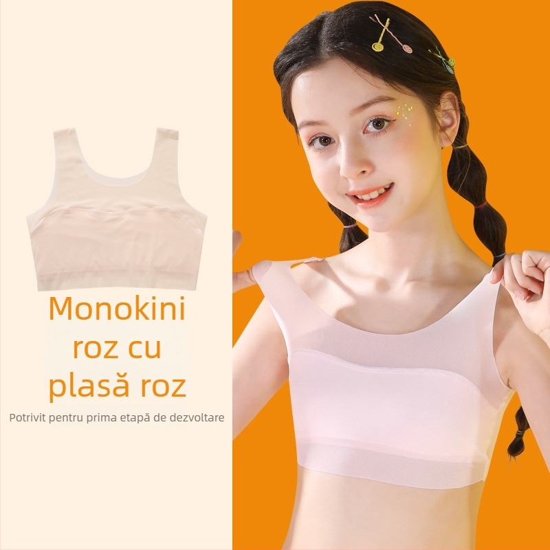 Sutien de antrenament pentru fetițe 9–13 ani, din nylon cu căptușeală din spandex, cupă completă, cupă modelată ultra-subțire, bretele fixe duble, respirabil și confortabil.