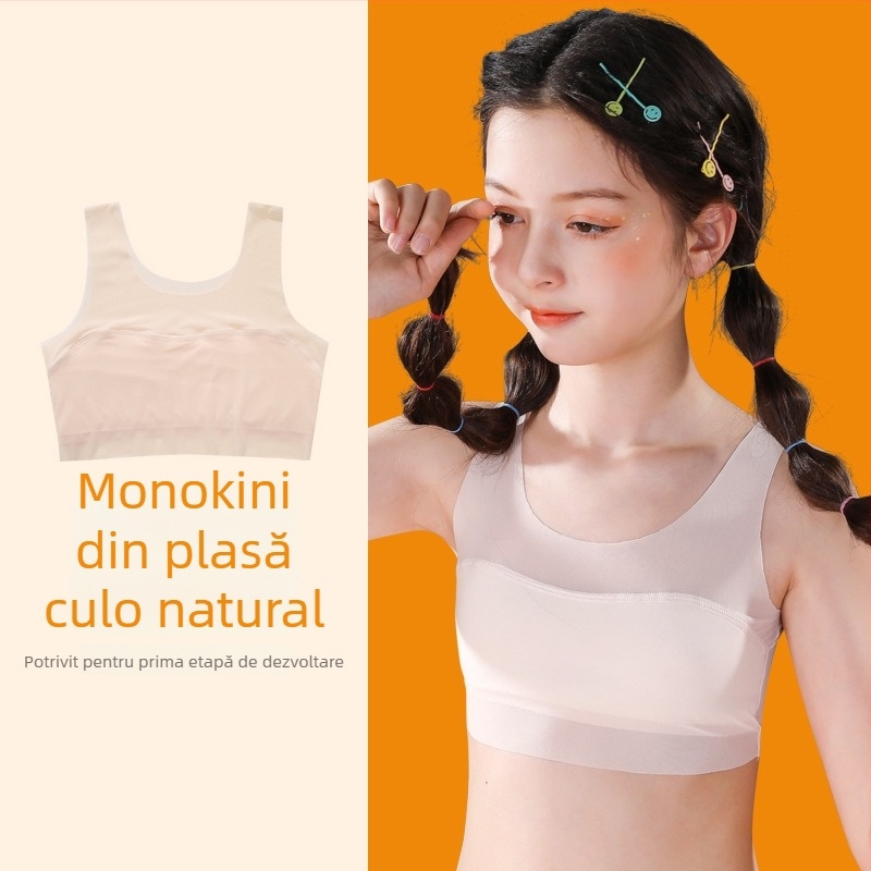 Sutien de antrenament pentru fetițe 9–13 ani, din nylon cu căptușeală din spandex, cupă completă, cupă modelată ultra-subțire, bretele fixe duble, respirabil și confortabil.