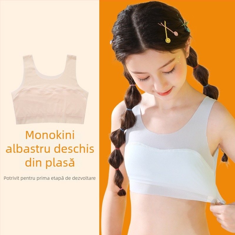 Sutien de antrenament pentru fetițe 9–13 ani, din nylon cu căptușeală din spandex, cupă completă, cupă modelată ultra-subțire, bretele fixe duble, respirabil și confortabil.