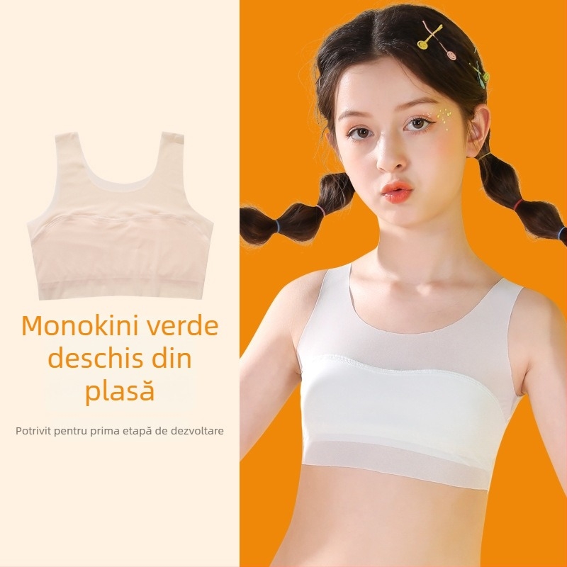 Sutien de antrenament pentru fetițe 9–13 ani, din nylon cu căptușeală din spandex, cupă completă, cupă modelată ultra-subțire, bretele fixe duble, respirabil și confortabil.