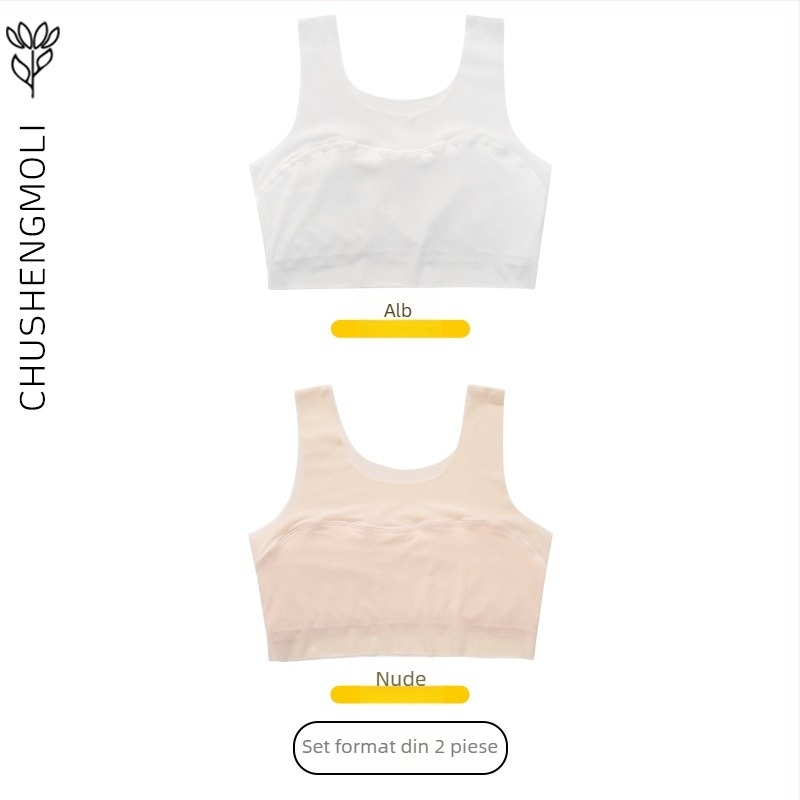 Sutien de antrenament pentru fetițe 9–13 ani, din nylon cu căptușeală din spandex, cupă completă, cupă modelată ultra-subțire, bretele fixe duble, respirabil și confortabil.