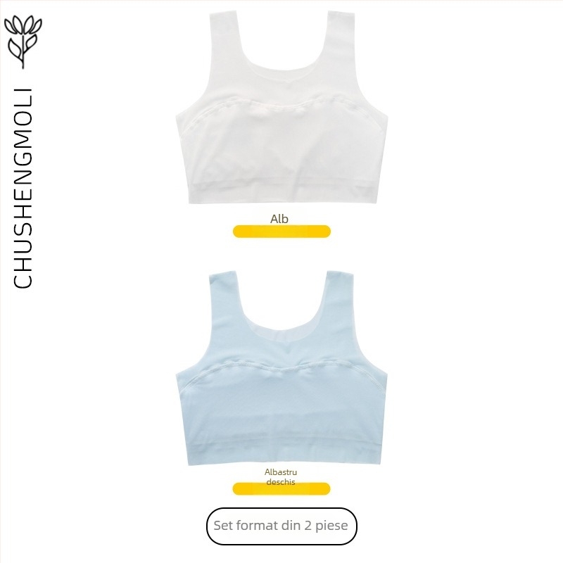 Sutien de antrenament pentru fetițe 9–13 ani, din nylon cu căptușeală din spandex, cupă completă, cupă modelată ultra-subțire, bretele fixe duble, respirabil și confortabil.