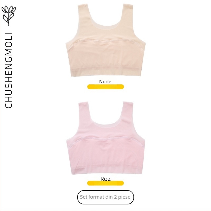 Sutien de antrenament pentru fetițe 9–13 ani, din nylon cu căptușeală din spandex, cupă completă, cupă modelată ultra-subțire, bretele fixe duble, respirabil și confortabil.