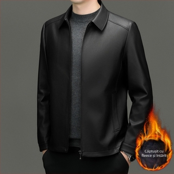 Jachetă din piele PU pentru bărbați, cu rever, fermoar frontal, lungime obișnuită, toamnă 2024, pentru zi de zi/business casual